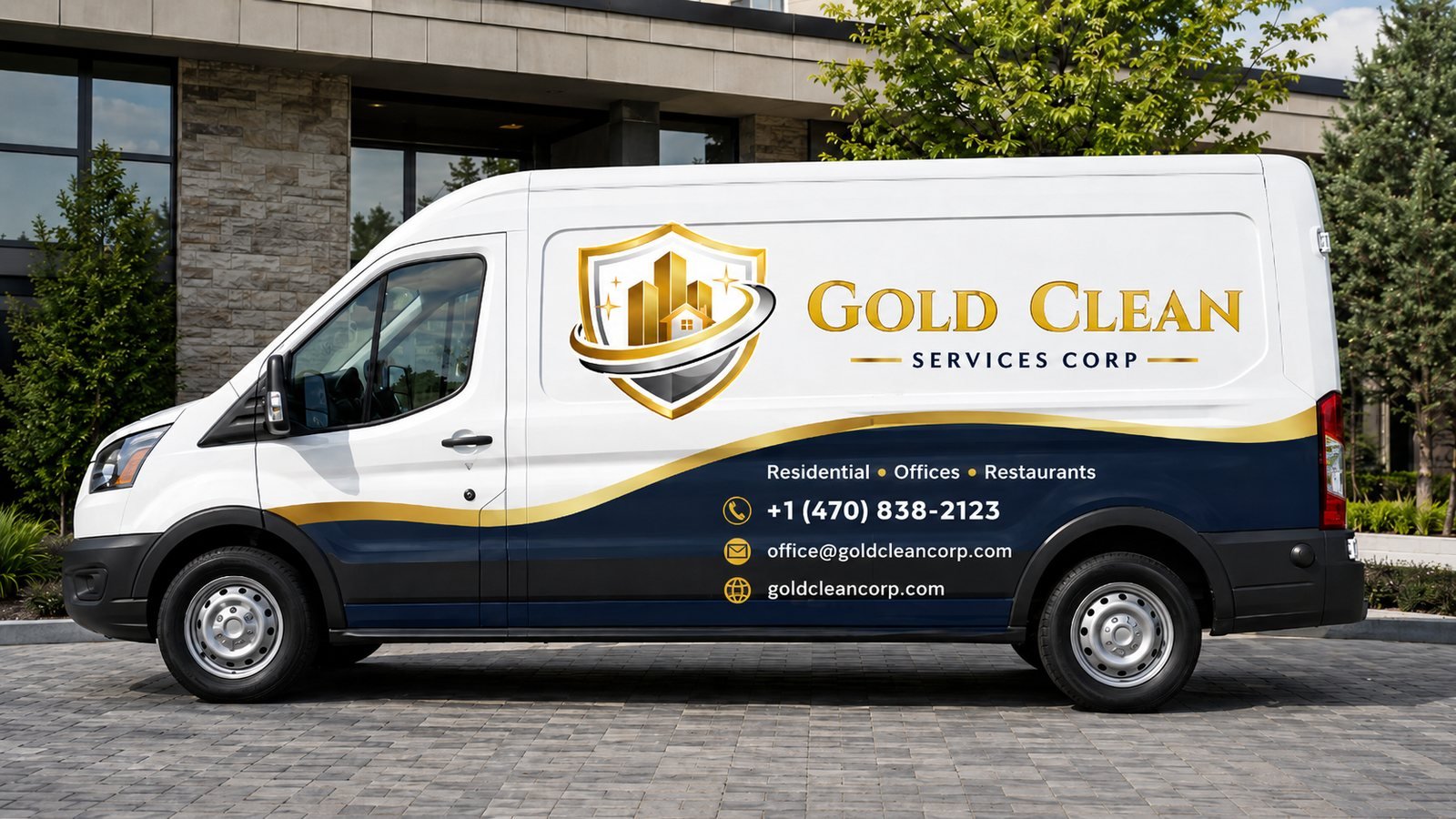 Gold Clean Services Corp branded van — Residential, Offices, Restaurants — +1 (470) 838-2123